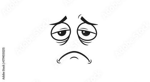 A black and white cartoon face showing extreme tiredness and sadness with droopy eyes and a downturned mouth.