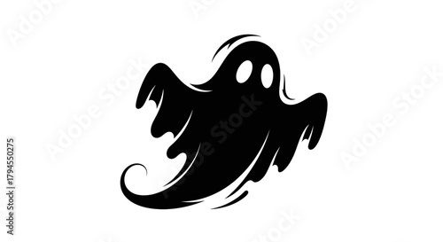 A black cartoon ghost with two eyes floating on a plain white background, depicted in a simple graphic style.