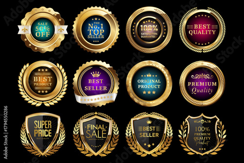 Best seller, best quality, best price, original product stickers, premium quality, top seller, best product, sale 50% off, 100% satisfaction guaranteed, super price.Gold shield icon and circle badge 