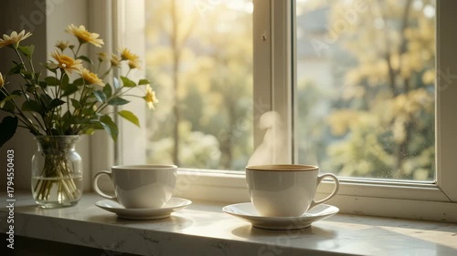 Wallpaper Mural Hot tea or coffee drink mug on a white kitchen table for morning breakfast beverage Torontodigital.ca