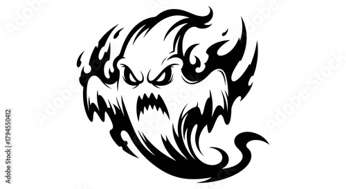 Angry flaming ghost illustration in black and white with a menacing expression.