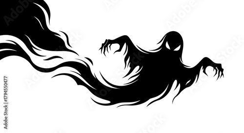 A black silhouette of a spooky ghost with glowing eyes and sharp claws, trailing smoke on a white background.