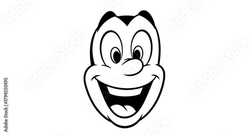 A black and white cartoon character's happy face with a wide smile and large eyes, depicting cheerfulness.