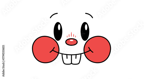 A cute cartoon rabbit face with big eyes, red cheeks, and two prominent front teeth on a white background, depicting a happy expression.