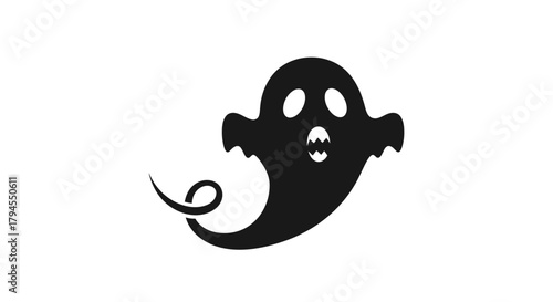 A spooky black ghost silhouette with an open mouth and swirling tail on a white background.