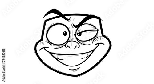 Black and white cartoon illustration of a mischievous face with a sly grin and winking eye.