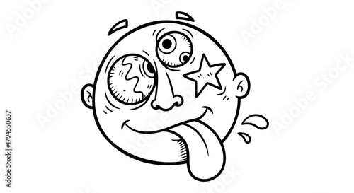 A black and white cartoon drawing of a goofy, dazed face with bulging eyes, one with a spiral and one with a star, and a long tongue sticking out.