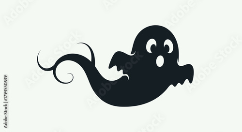 A spooky black cartoon ghost with a whimsical swirling tail floating on a plain white background, perfect for Halloween.