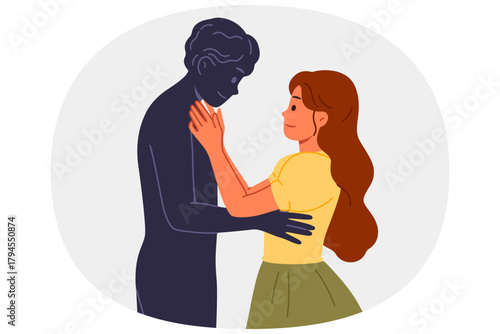 Woman with problems in relationship with imaginary boyfriend needs help of psychotherapist or sexologist. Smiling girl dreams of ideal relationship and visualizes dream groom, hugs ghost