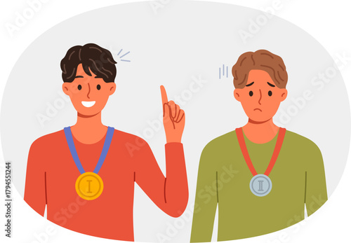 Winner and loser with medals for first and second place around necks experience different emotions after tournament. Man who won medals rejoices, standing near guy who failed in sports competition