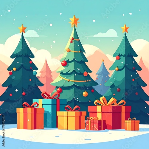 A festive illustration of stylized Christmas trees with star toppers and colorful wrapped gifts beneath them in a snowy scene