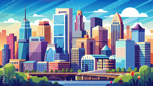 Very beautiful Minneapolis downtown skyline in Minnesota, USA, featuring modern skyscrapers, clean architectural lines, and a vibrant metropolitan atmosphere under a clear, expansive sky.