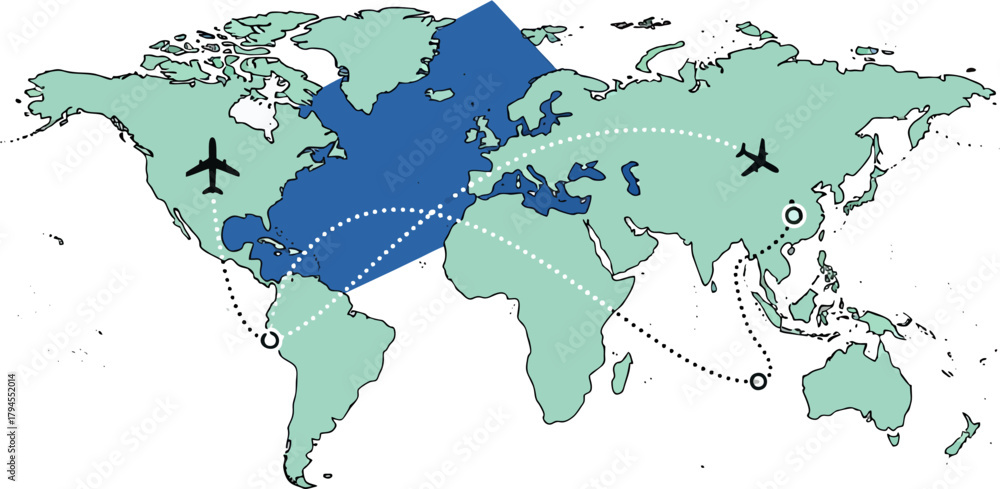 Fototapeta premium World map illustration on blue and green backgrounds