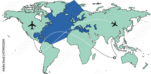 World map illustration on blue and green backgrounds