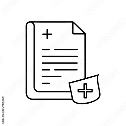 Medical document with plus sign on it in outline on transparent background silhouette