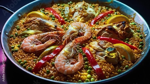 Delicious Seafood Paella with Shrimp, Chicken, and Vegetables.