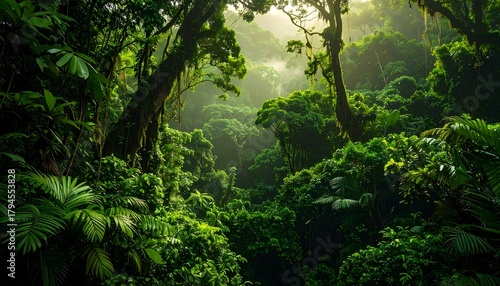 Lush, vibrant jungle scene featuring dense foliage and bright sunlight filtering through the canopy above