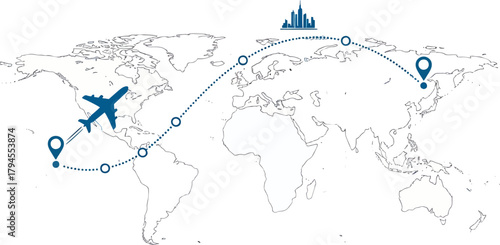 Blue world map illustration showing global continents and countries