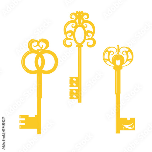 Set of golden keys isolated vector flat modern decorative.