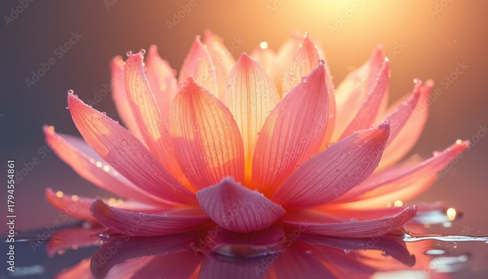 Fototapeta premium Macro shot of delicate pink lotus flower with water droplets reflecting soft glowing light. Petals open gently on still water surface, tranquil scene.