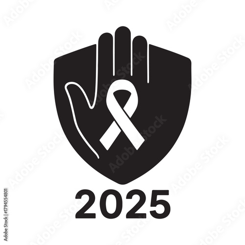 Cancer Awareness 2025 Black and White Illustration with Supporting Hand and White Ribbon Symbol of Hope