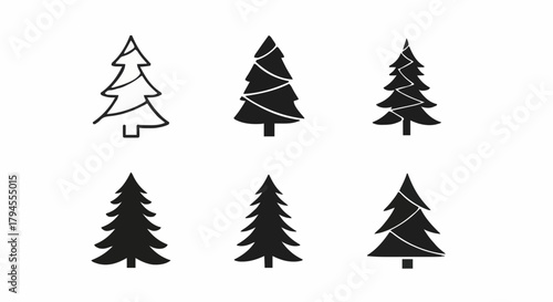 Collection of simple black and white Christmas tree icons for festive designs and winter themes