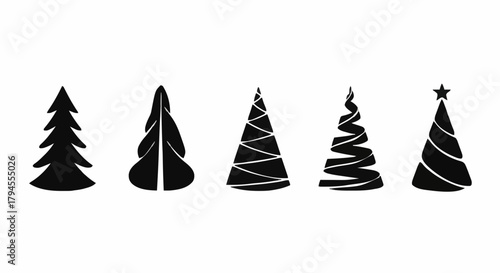 A collection of five different black Christmas tree icons with simple, modern, and abstract stylized designs, isolated on a white background for holiday use