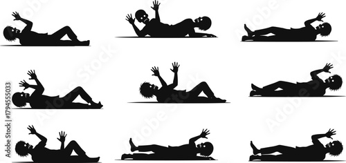 PrintHuman silhouette icon set, lying pose, black figure, prone position, movement gesture, vector illustration, distress concept, isolated, graphic