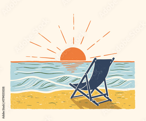 Summer Deck Chair on Beach.Vintage Sunset Coast Scene.Relaxing Beach Holiday Illustration.Retro Seaside Lounge Art.Ocean View with Sun Burst