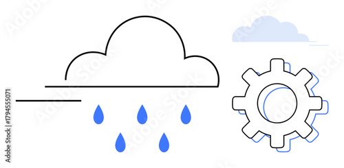 Raindrop-filled cloud with a gear symbolizing workflow automation, data management, cloud storage, and process optimization. Ideal for tech, innovation, sustainability, data analysis, eco-tech cloud
