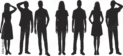 PrintHuman silhouette illustration, diverse postures, standing figures, fashion outline, black vector, body language, minimal design, people shapes, casual stance