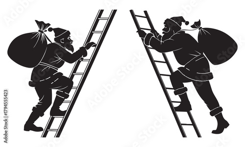 Santa claus silhouettes climbing ladders with large gift sacks
