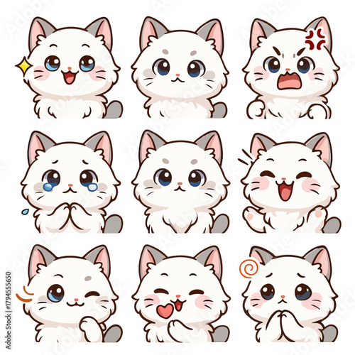 A set of cute anime cats illustrations doing different activities with different expressions.Stickers or badges. 	Ragdoll