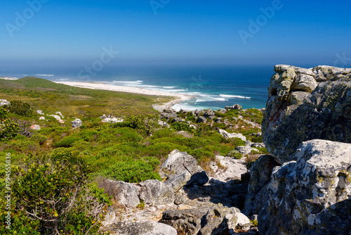 Scenic view from Gifkommetjie View Point, Cape Point, Table Mountain National Park. Rugged rocks and green fynbos overlook the Atlantic Ocean under clear blue skies in Cape Town, South Africa.