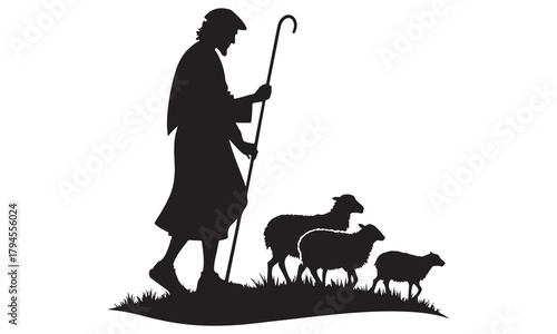 Shepherd silhouette guiding flock of three sheep on grassy hill

