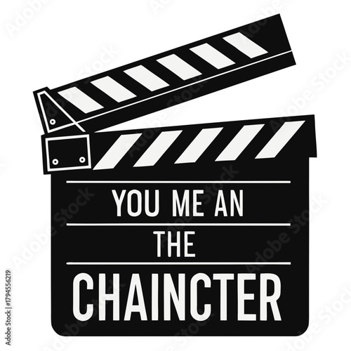 Black and white clapperboard with text on it open on transparent background