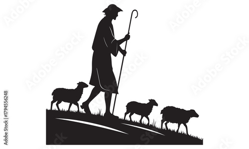 Shepherd leading flock of sheep on a hill, iconic vector art
