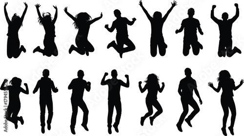 PrintJumping silhouettes, energetic poses, people in motion, black figures, active lifestyle, dance movement, fitness, celebration, youth, freedom, vector illustration