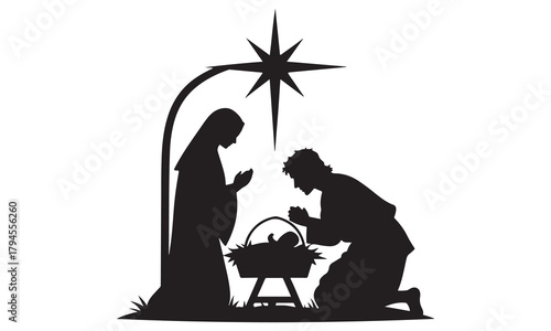 Nativity scene silhouette with mary, joseph, baby jesus and star
