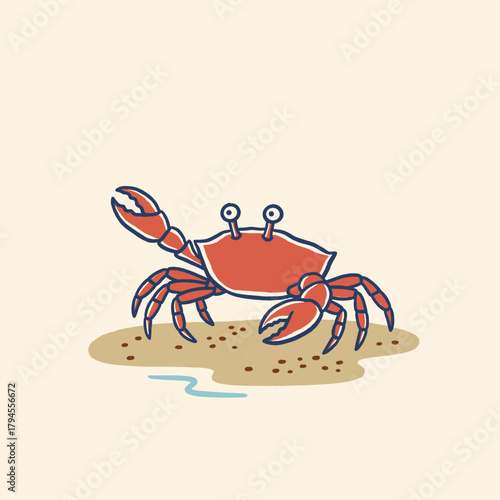 Cute beach crab illustration.Retro marine mascot graphic.Red crab on sandy shore.Simple vintage crustacean art.Summer seaside doodle