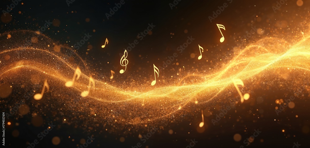 Obraz premium Golden musical notes float, dance in vibrant, swirling wave of light, energy. Glittering gold particles form dynamic, abstract sound illustration on dark background. Digital art represents rhythm,