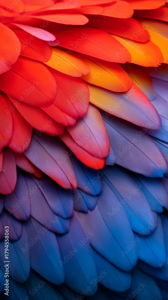 Obraz premium A macro view of vibrant multicolored feathers blending from red to blue tones. 