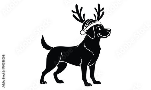Dog wearing reindeer antler hat, festive christmas pet silhouette.
