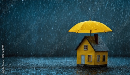 Vibrant photo of yellow umbrella protecting a miniature house from the heavy rain