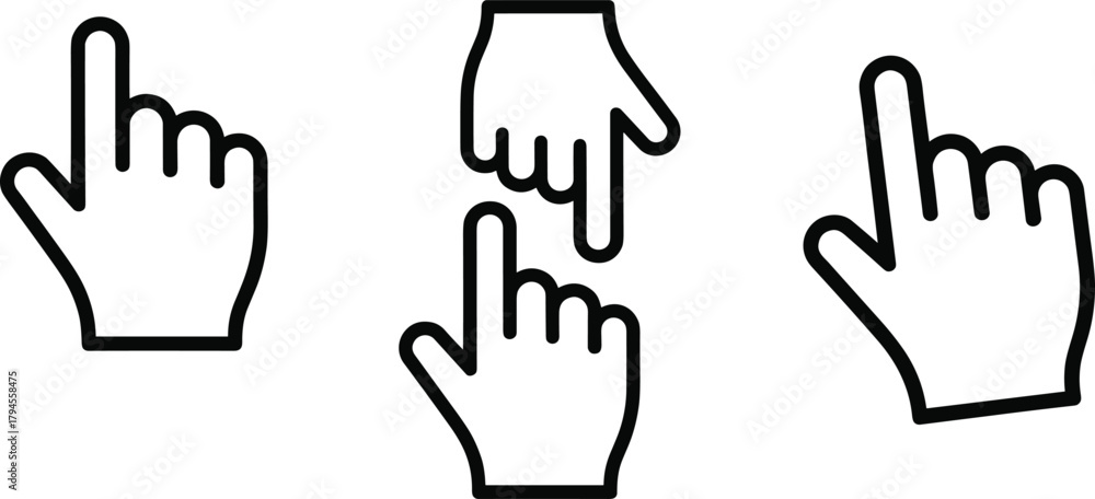 Fototapeta premium PrintPointing hand icons, click gesture symbols, black outline hands, stylized finger signs, user interface elements, vector graphic set, interaction design assets