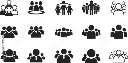 PrintPeople icon collection, black silhouette, group symbols, teamwork concept, social interaction, vector clipart, isolated design, user interface, community graphic