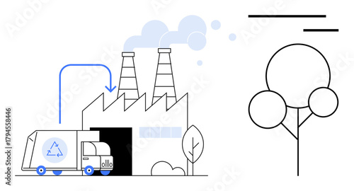 Recycling truck unloading at factory with chimneys emitting smoke, surrounded by trees. Ideal for sustainability, recycling, waste management, industry, pollution, environment and ecology. Simple