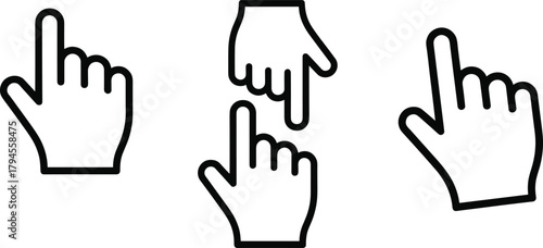 PrintPointing hand icons, click gesture symbols, black outline hands, stylized finger signs, user interface elements, vector graphic set, interaction design assets