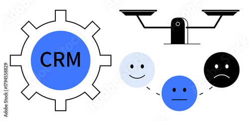 CRM gear beside a scale of balance and emotive faces representing customer feedback happy, neutral, sad. Ideal for customer relationship, feedback, management, decision-making, analytics, team