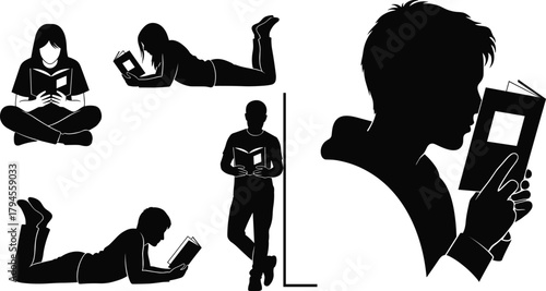 PrintReading silhouettes, book lovers, casual reading poses, education concept, literature, study time, relaxing posture, r